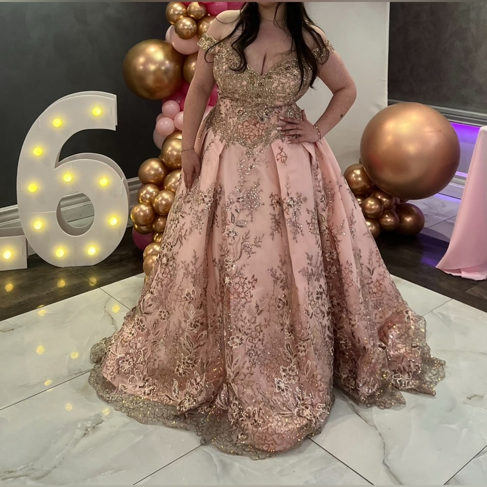 Elegant Pink Lace Quincenera, sweet 16, maid of honor formal gown